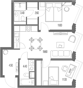 Планировка: 2-комнатная квартира 56,5 м² в ЖК «Северный Порт»