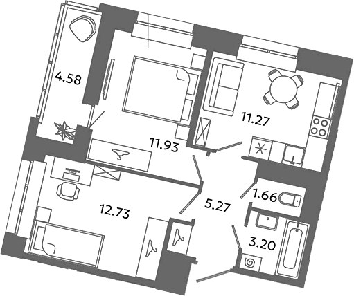 Планировка: Евротрёшка 46,1 м² в ЖК «Загляденье»