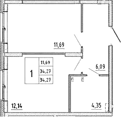 Планировка: 1-комнатная квартира 34,3 м² в ЖК «Аннино Сити»