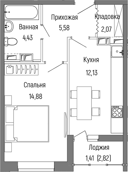Планировка: 1-комнатная квартира 39,1 м² в ЖК «Рига Хиллс»