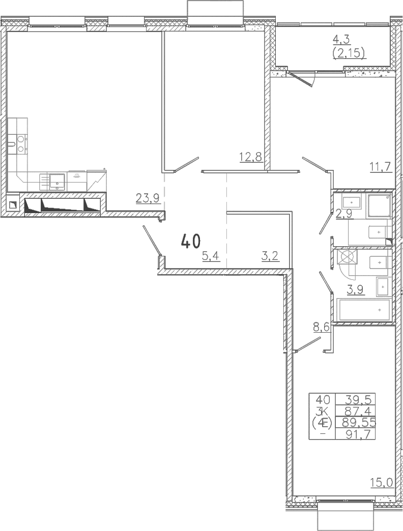 Планировка: Квартира евро-4 87,4 м² в ЖК «Лисино»