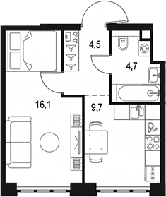 Планировка: 1-комнатная квартира 35 м² в ЖК «Левел Южнопортовая»