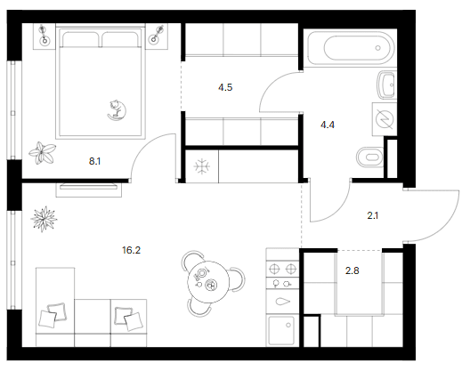 Планировка: 1-комнатная квартира 38,1 м² в ЖК «Ярославский»