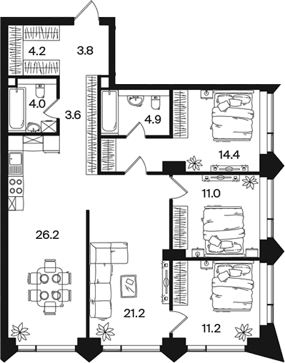 Планировка: Квартира евро-5 104,5 м² в ЖК «РАКУРС»