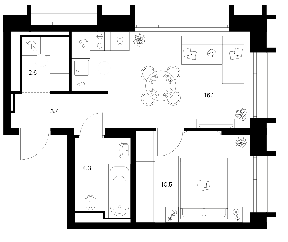 Планировка: 1-комнатная квартира 36,9 м² в ЖК «Зеленый парк»