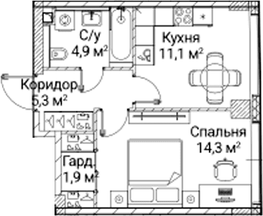 Планировка: 1-комнатная квартира 36,9 м² в ЖК «СЕЗАР БУДУЩЕЕ»