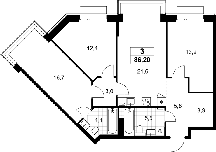 Планировка: Квартира евро-4 86,2 м² в ЖК «Хольм»