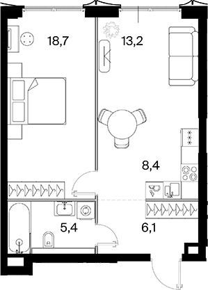 Планировка: Евродвушка 51,7 м² в ЖК «26 ПАРКВЬЮ»