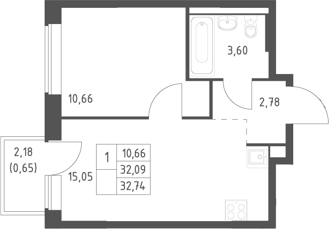 Планировка: Евродвушка 32,1 м² в ЖК «Большое Юрлово»