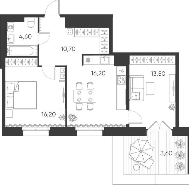 Планировка: Евротрёшка 61,2 м² в ЖК «Моисеенко, 10»