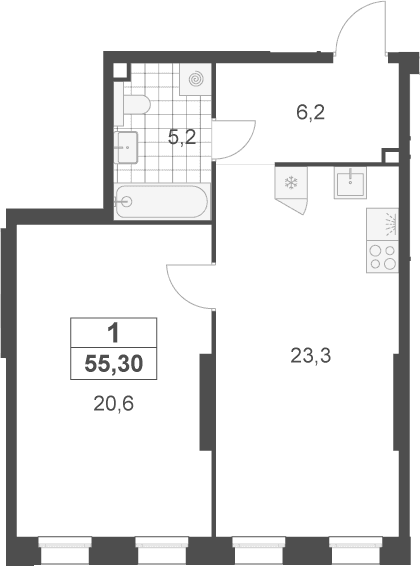 Планировка: Евродвушка 55,3 м² в ЖК «Деснаречье»