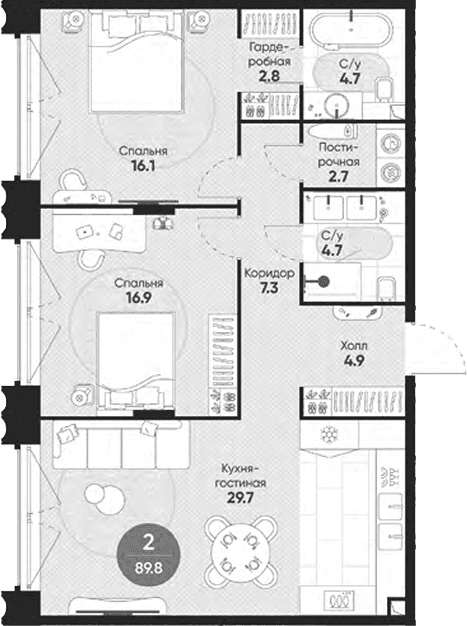 Планировка: Евротрёшка 89,8 м² в ЖК «Резиденция Омега»