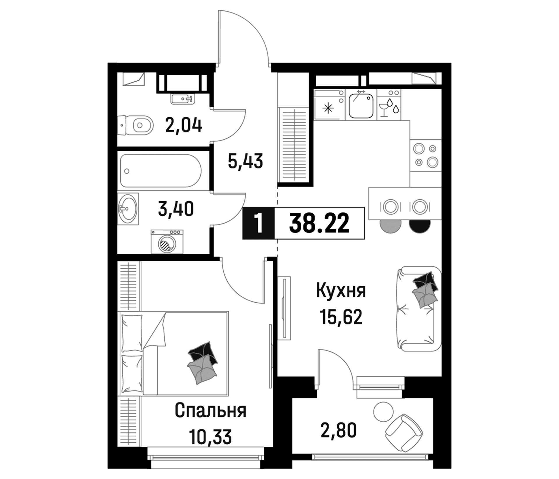 Планировка: Евродвушка 36,8 м² в ЖК «Максималист»