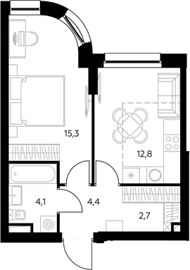 Планировка: 1-комнатная квартира 39,6 м² в ЖК «Адмирал»