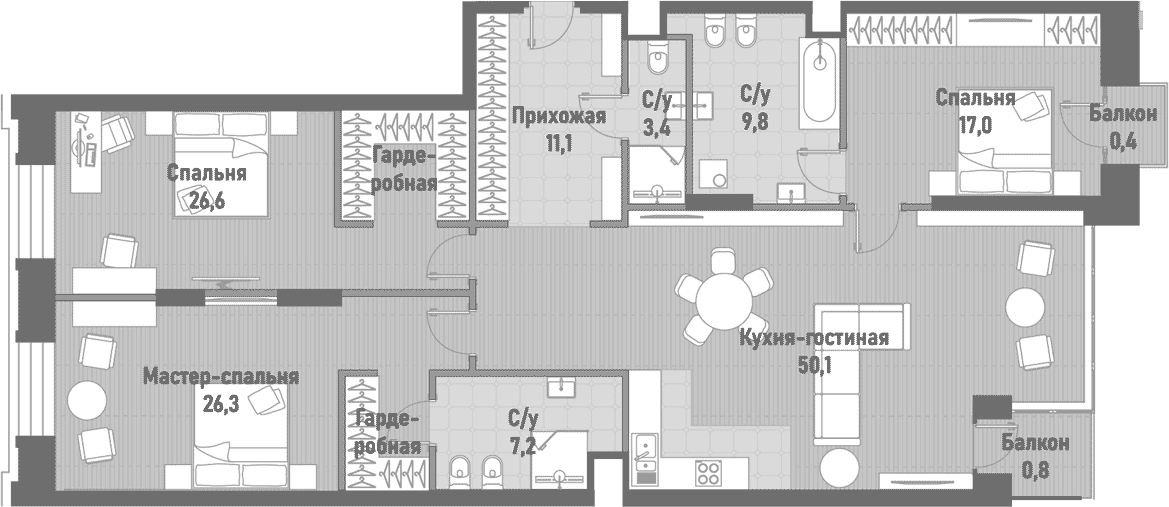 Планировка: Квартира евро-4 151,5 м² в ЖК «Ренессанс»