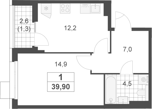 Планировка: 1-комнатная квартира 38,6 м² в ЖК «Скандинавия»
