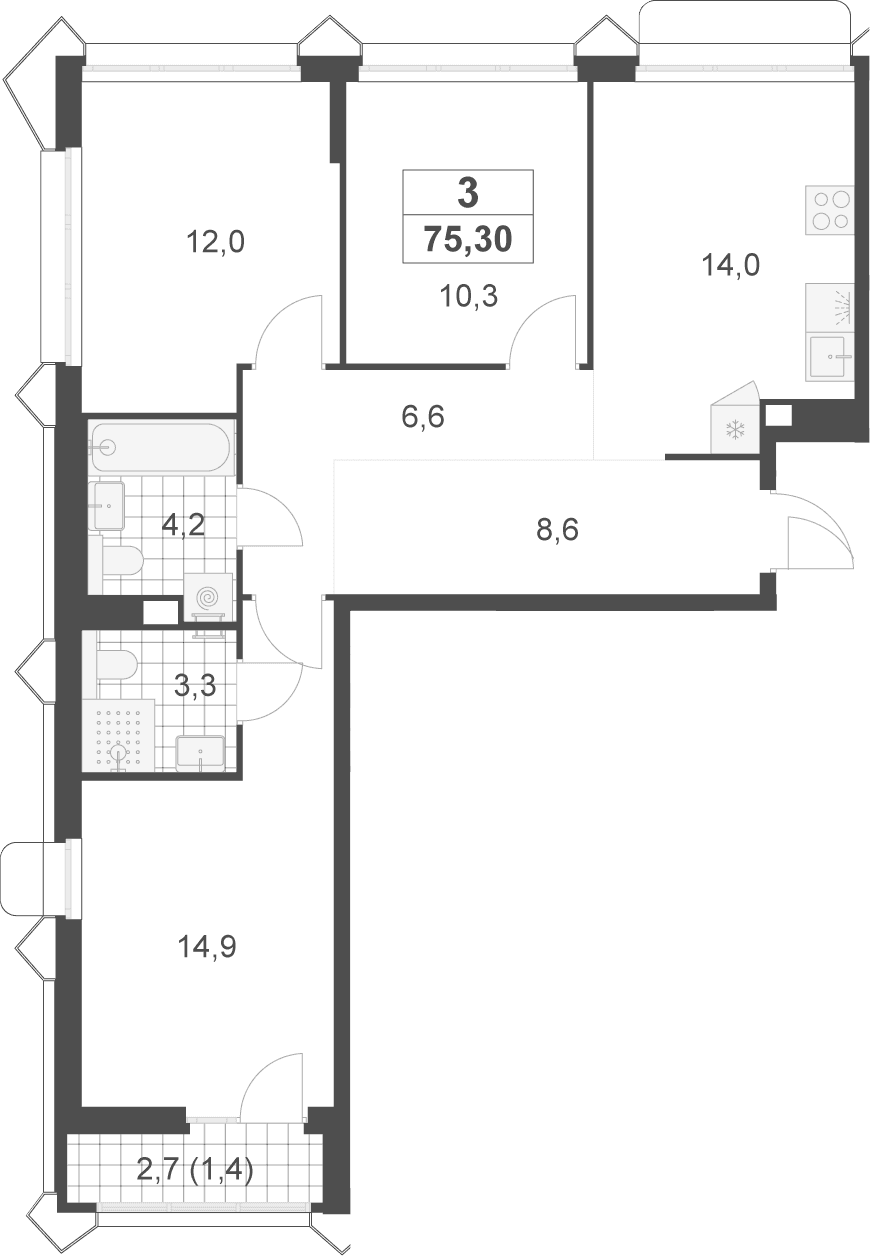 Планировка: 3-комнатная квартира 73,9 м² в ЖК «Деснаречье»