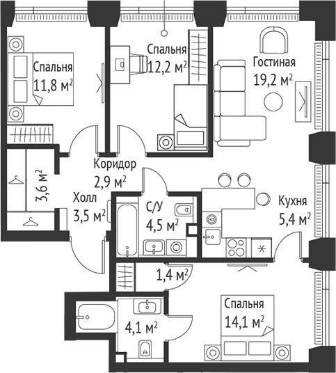 Планировка: Квартира евро-4 82,8 м² в ЖК «СЕТ»