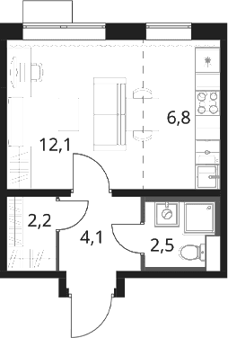 Планировка: Студия 27,7 м² в ЖК «1-й Шереметьевский»