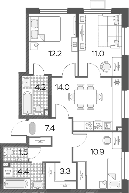 Планировка: 3-комнатная квартира 68,9 м² в ЖК «Лучи»