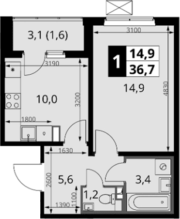Планировка: 1-комнатная квартира 35,1 м² в ЖК «1-й Южный»