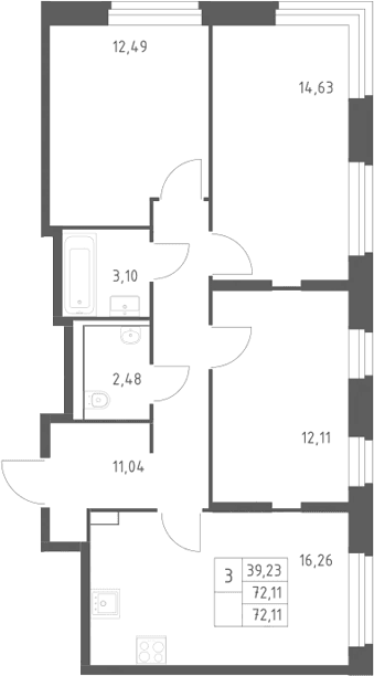 Планировка: 3-комнатная квартира 72,1 м² в ЖК «Квартал Строгино»