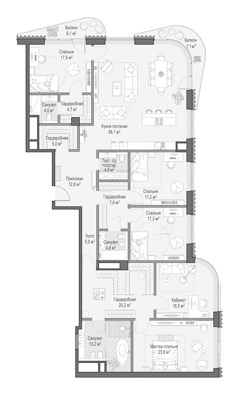 Планировка: 5-комнатная квартира 232 м² в ЖК «Дом Лаврушинский»