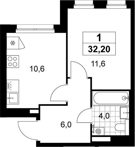 Планировка: 1-комнатная квартира 32,2 м² в ЖК «Деснаречье»