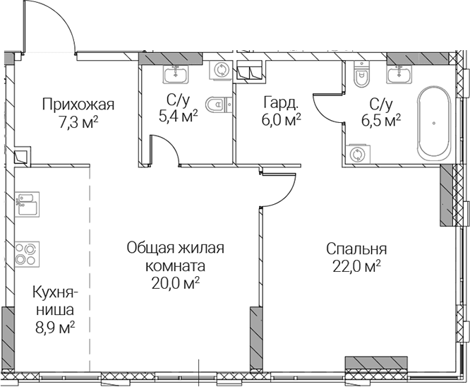 Планировка: Евродвушка 76,1 м² в ЖК «СЕЗАР СИЛИКА»