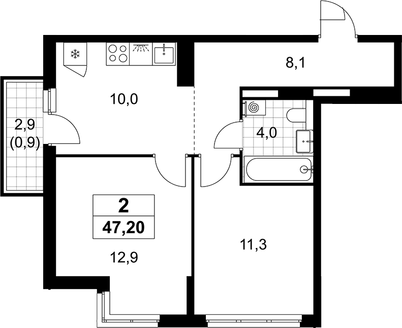 Планировка: 2-комнатная квартира 46,3 м² в ЖК «Деснаречье»