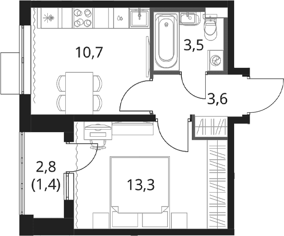 Планировка: 1-комнатная квартира 31,1 м² в ЖК «1-й Шереметьевский»
