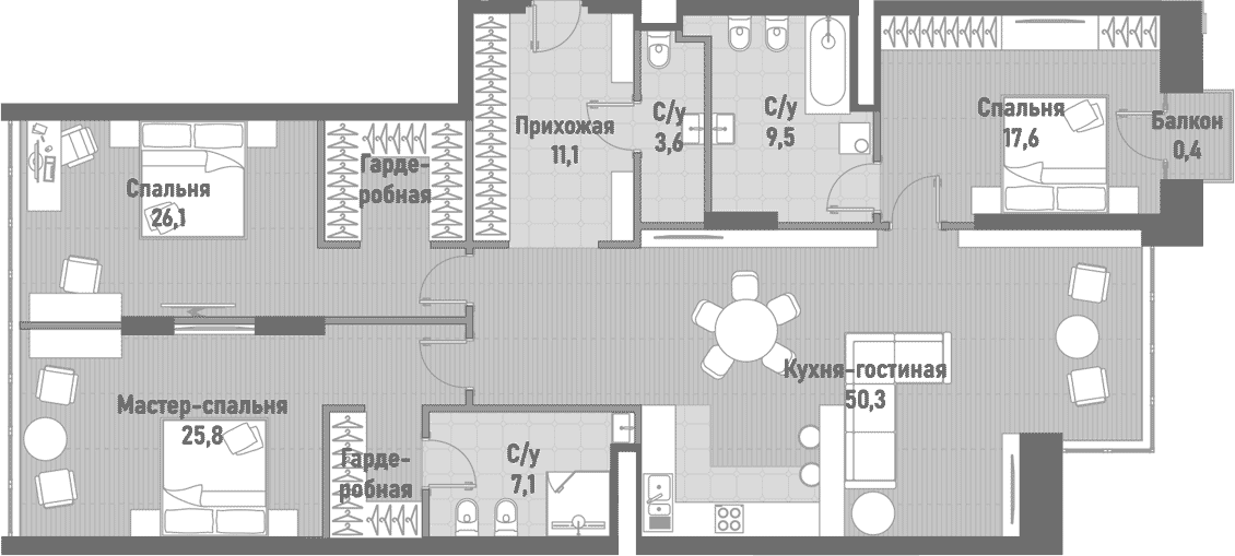Планировка: Квартира евро-4 150,3 м² в ЖК «Ренессанс»