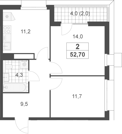 Планировка: 2-комнатная квартира 50,7 м² в ЖК «Скандинавия»