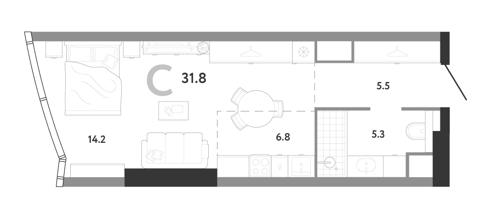 Планировка: Студия 31,8 м² в ЖК «АУРУС Резиденции»