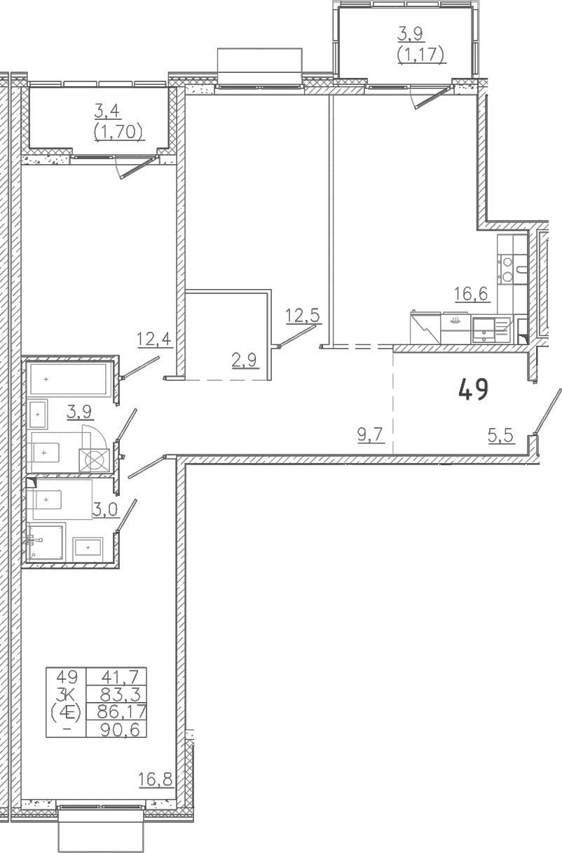 Планировка: Квартира евро-4 83,3 м² в ЖК «Лисино»