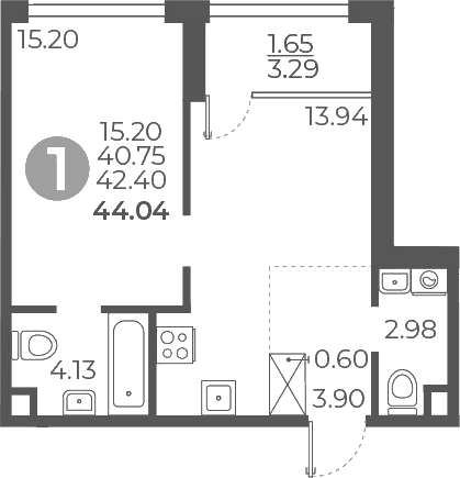 Планировка: 1-комнатная квартира 40,8 м² в ЖК «Мневники от Гранель»