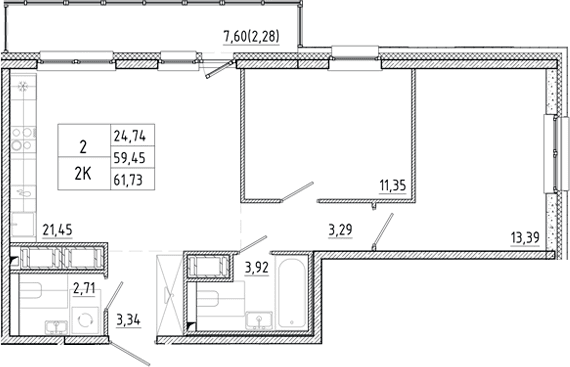 Планировка: Евротрёшка 59,5 м² в ЖК «Окла Вижн»