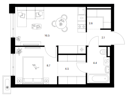 Планировка: 1-комнатная квартира 38,8 м² в ЖК «Зеленый парк»