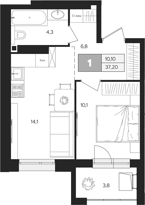 Планировка: 1-комнатная квартира 35,3 м² в ЖК «Ласточкино»