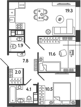 Планировка: Евротрёшка 57,2 м² в ЖК «Гений»