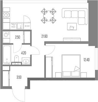 Планировка: 1-комнатная квартира 48,6 м² в ЖК «Северный Порт»