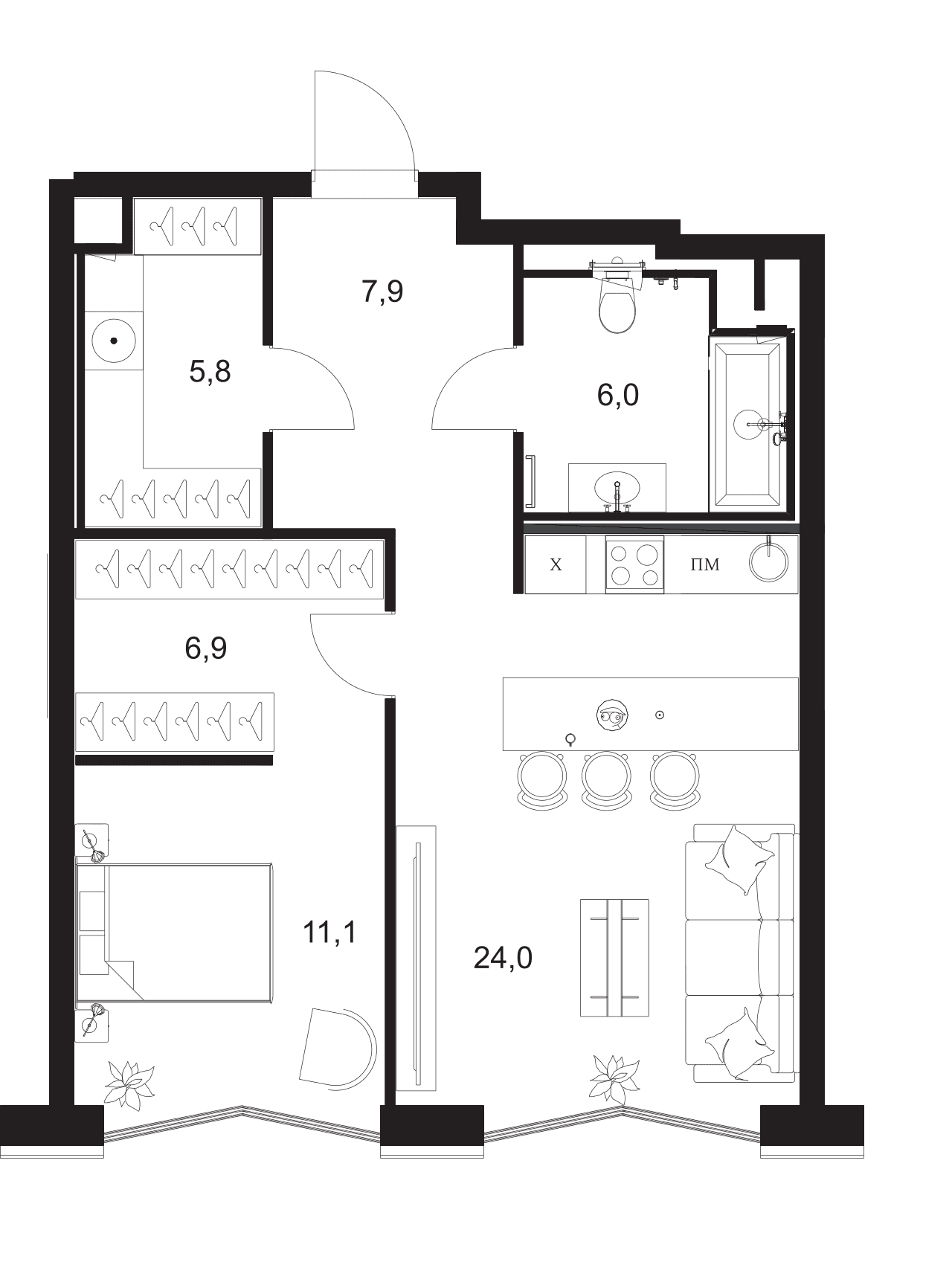Планировка: Евродвушка 61,7 м² в ЖК «A. Residence»
