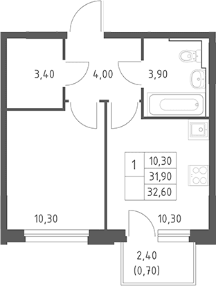 Планировка: 1-комнатная квартира 31,9 м² в ЖК «Химки Парк»