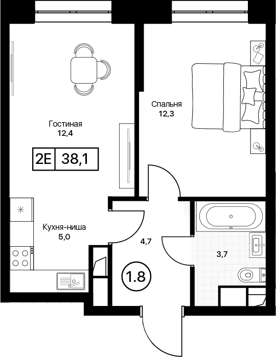 Планировка: Евродвушка 38,1 м² в ЖК «Пушкино Град»