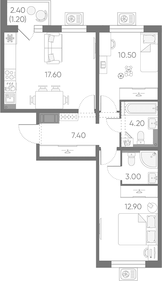 Планировка: Евротрёшка 55,6 м² в ЖК «Зеркальный ручей»