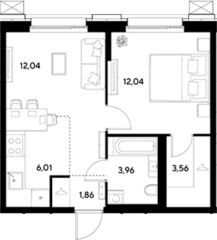Планировка: Евродвушка 39,5 м² в ЖК «ЭВО»