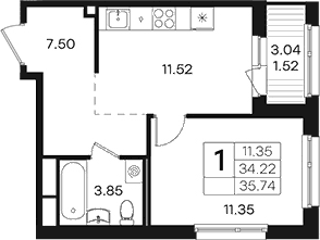 Планировка: 1-комнатная квартира 34,2 м² в ЖК «Парголово»