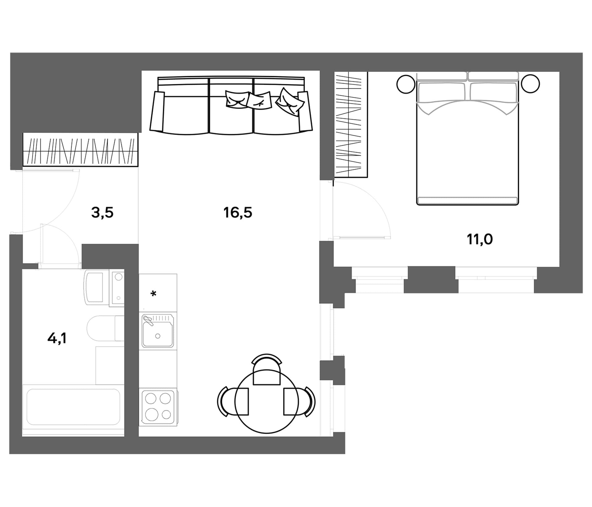 Планировка: 1-комнатная квартира 35,1 м² в ЖК «ЭкоКвартал НЕГА»