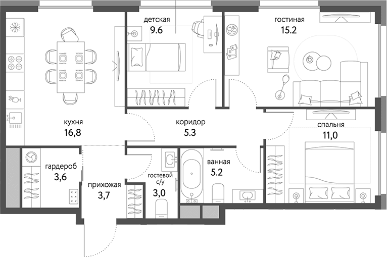 Планировка: 3-комнатная квартира 73,4 м² в ЖК «Сиреневый парк»