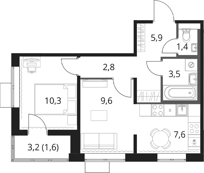 Планировка: Евродвушка 41,1 м² в ЖК «1-й Шереметьевский»